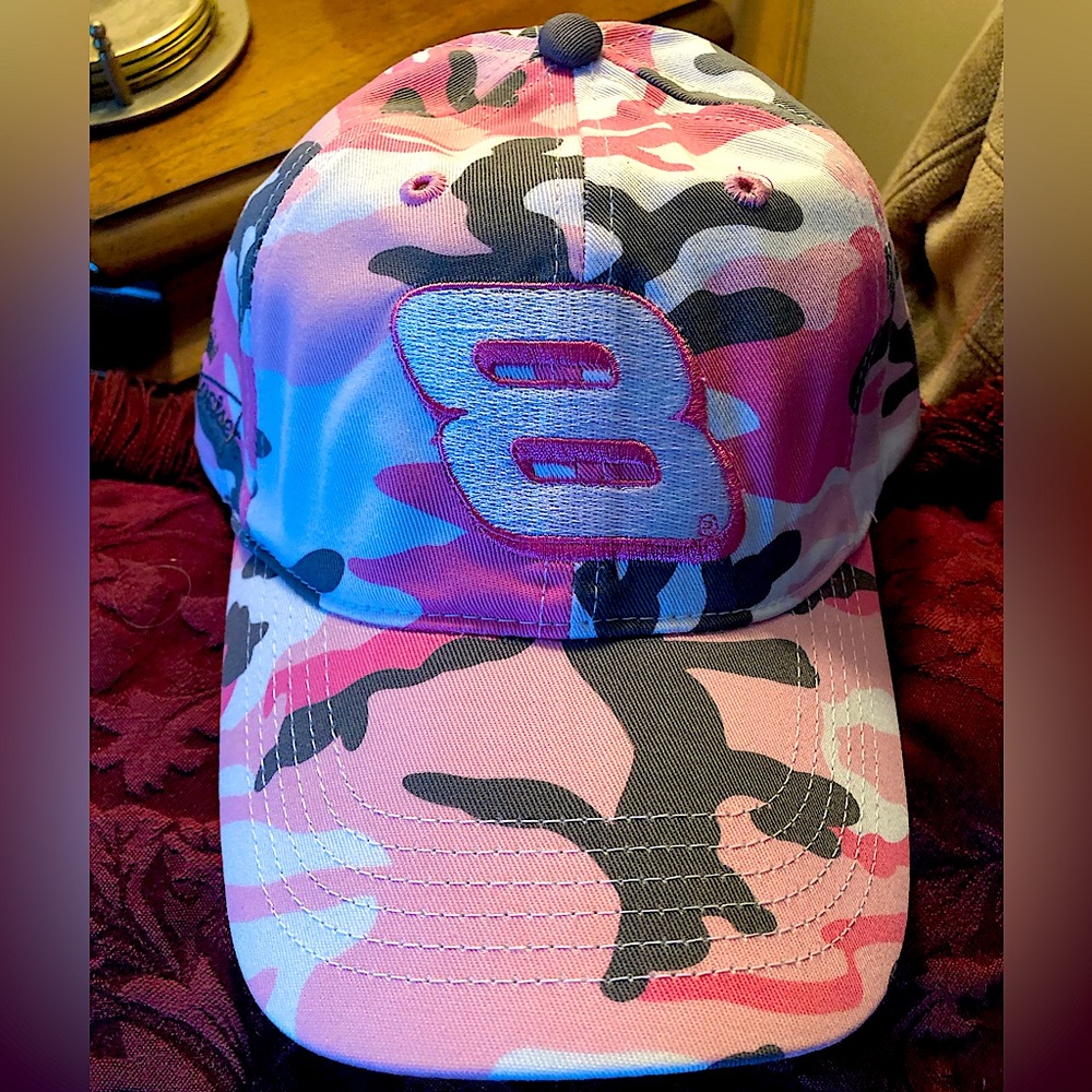 Ladies #8 Dale Jr. Budweiser Camo strap back hat.